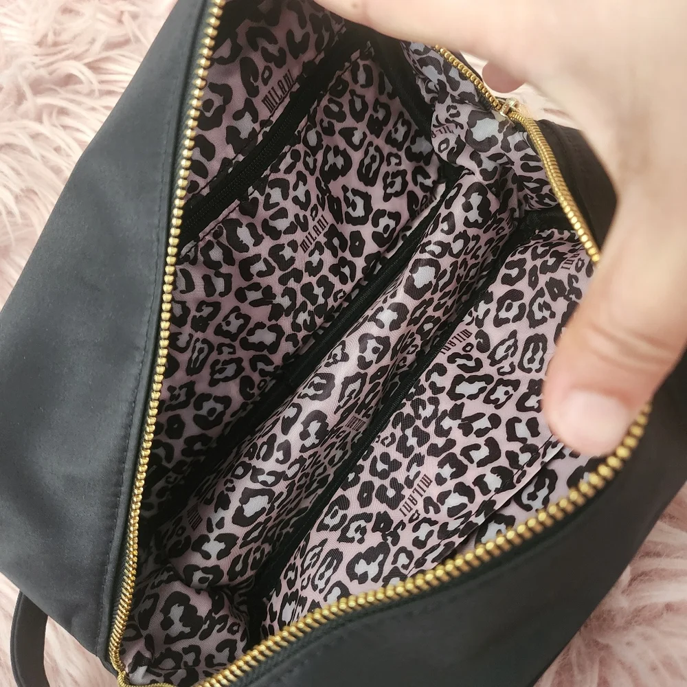 Milani makeup bag travel pouch black nylon gold embroidered